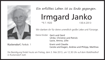 Traueranzeige von Irmgard Janko von Pegnitz-Zeitung